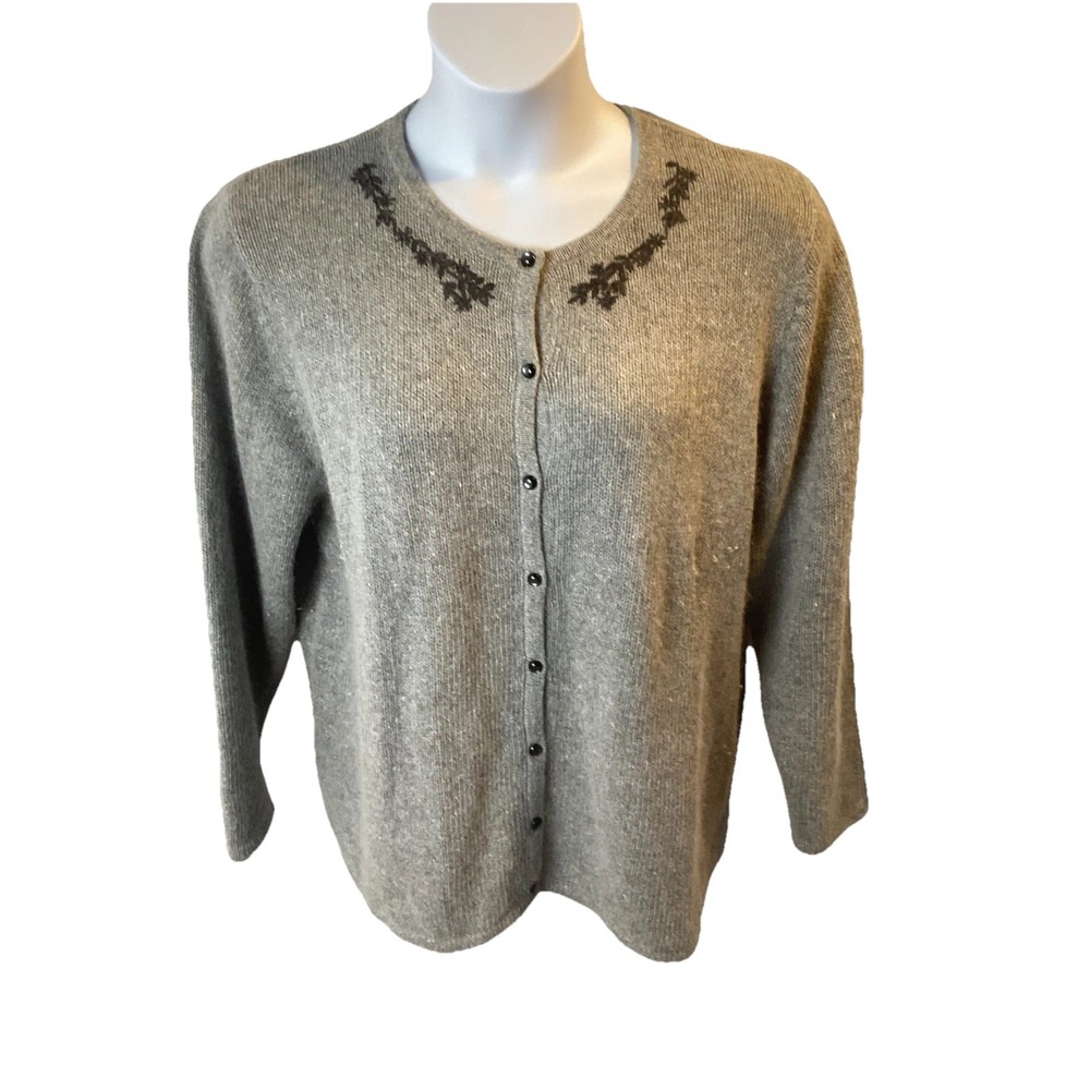 croft & barrow Gray Embroidered Crewneck Cardigan